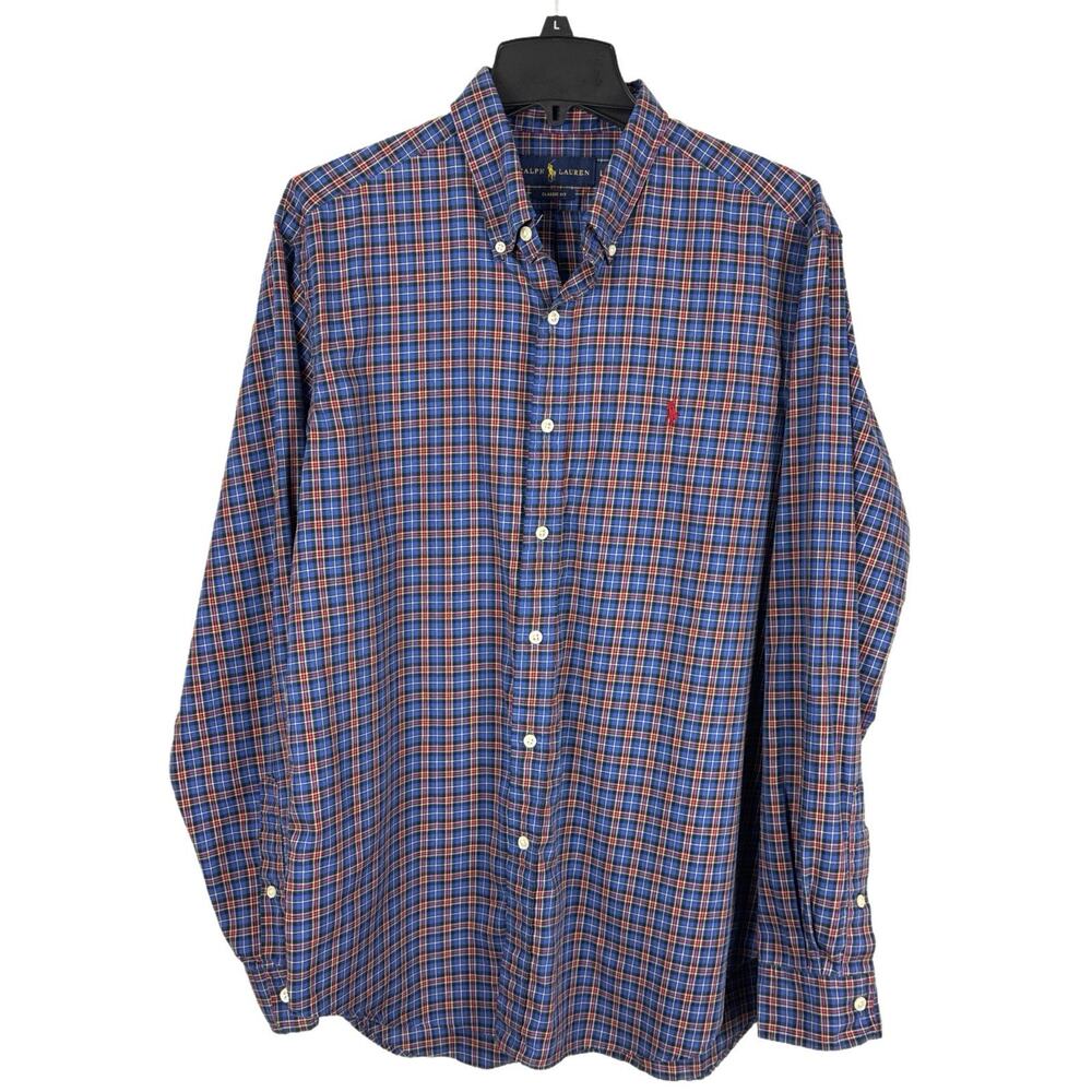 Ralph Lauren Button Down Men’s Shirt Classic Fit Long Sleeve Red Blue Plaid Sz L